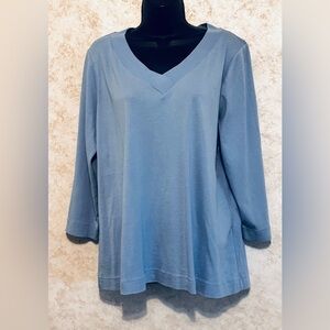 Chico's Size 3 Women's Pima Cotton V-Neck Tee Top Blue Pull Over 3/4 Sleeve